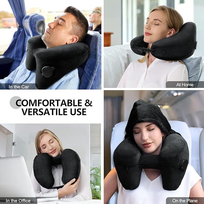 Sunany Neck Pillow for Travel Inflatable Airplane Pillow Comfortably Supports Head,Neck and Chin,Inflatable Travel Pillow with Soft Velour Cover,Portable Drawstring Bag (Black with Hat) - Image 2