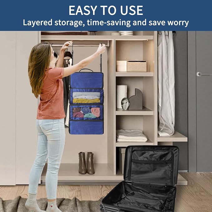 esouler Suitcase Organizer, Hanging Packing Cubes & Portable Hanging Shelves - Collapsible Travel Organizer for Carry-on (Navy Blue, Small) - Image 5
