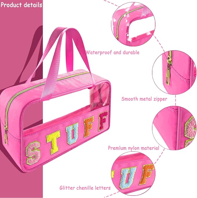 Bunliuys Chenille Letter Clear Makeup Bag Stuff Patch, Travel Toiletry Makeup Bag with Handle, Nylon Waterproof Makeup Bags clear cosmetic bag, preppy patch makeup bag for Women (STUFF-Hot Pink) - Image 3