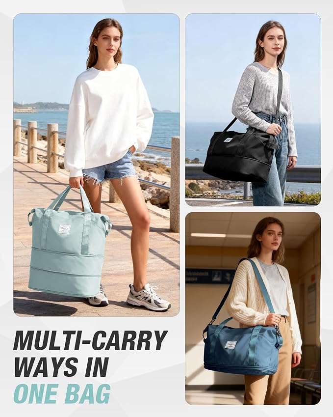 Expandable Travel Duffle Bag for Women Men, Large Gym Bag Travel Tote Bags, Waterproof Carry On Personal Item Bag Airline Approved, Overnight Workout Weekender Bag with Luggage Sleeve, Light Blue | Waterproof Carry On Personal Item Duffel Bag 40L Doubl... - Image 2