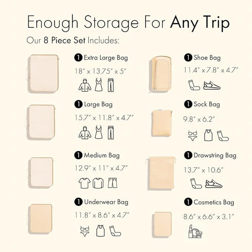 (Not Made In China) Packing Cubes For Travel, Luggage and Suitcase Organizer Bags, Carry On and Backpack Space Savers, Lightweight Waterproof Nylon, 8pc Set Beige - Image 2