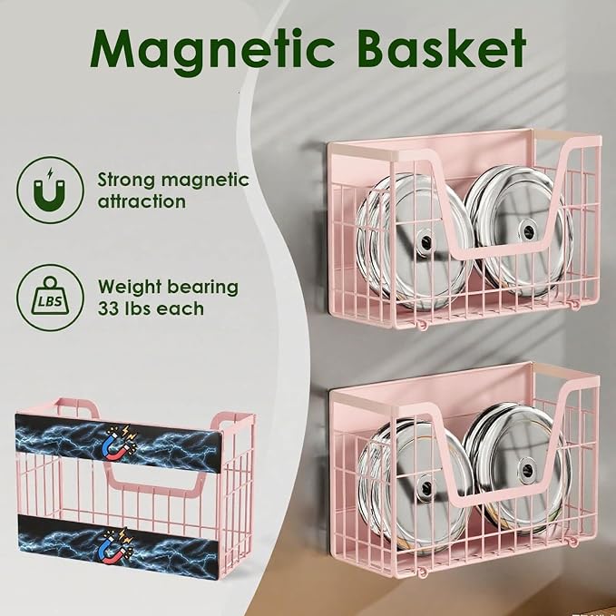 Pink Magnetic Shelf for Fridge, 2 Set Magnetic Fruit Baskets for Refrigerator Magnet Shelves, Potato and Onion Storage Bins, Magnet Holder Wire Basket for Laundry Room Pantry Kitchen Organizer - Image 7