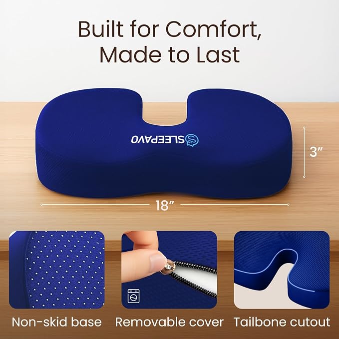 Office Chair Cushion - Seat Cushion for Tailbone Pain Relief - Butt Pillow for Coccyx, Sciatica, and Lower Back Pain - Orthopedic Chair Pad for Lumbar Support in Office Desk (Navy Blue) - Image 3
