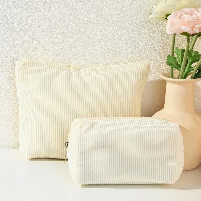 SOIDRAM 2 Pieces Corduroy Makeup Bag Large Corduroy Cosmetic Bag Capacity Canvas Mix Travel Toiletry Bag Organizer Cute Makeup Brushes Aesthetic Accessories Storage Bag for Women - Image 2