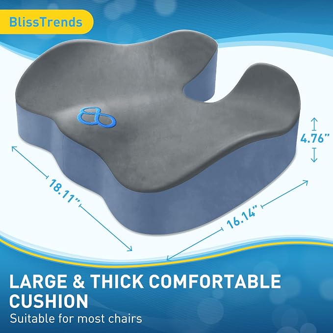 BlissTrends Memory Foam Seat Cushion for Office Chair & Car Seat Grey&Blue | 4.7in Ergonomic Tailbone & Sciatica Support with Removable Velvet Cover for Pressure Relief and Long Sitting Comfort - Image 3
