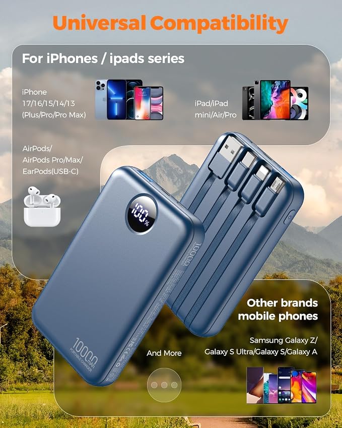 Portable Charger 10000mAh with 4 Built-in Cables 40% Smaller | Power Bank Fast Charging Battery Pack,LED Display Compact with Travel Charger for iPhone Other Devices-Navy - Image 3