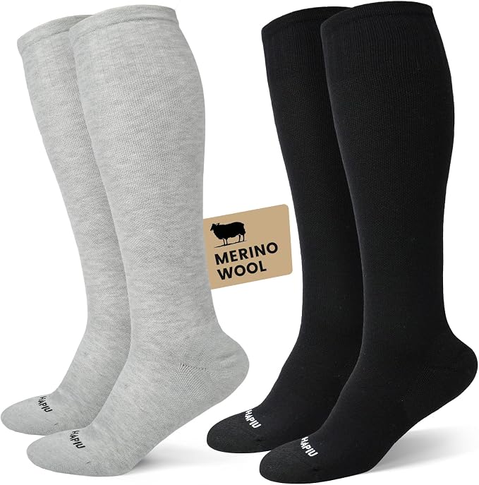 Merino Wool Easy On Compression Socks for Women & Men, 15-20 mmHg, Plus Size Knee High Stocking for Nurses, Pregnancy, Travel, Flight, Medias de Compresión Mujer by HAPIU