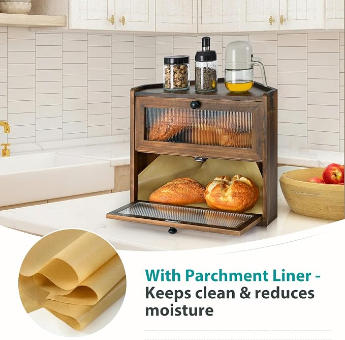Sunhoo Bread Box for Kitchen Countertop Corner Large Wooden Bread Bin 2 Tier Rustic Food Storage Container with Acrylic Window Farmhouse Keeper Shelf Organizer for Loaves Pastries & Snacks (Brown) - Image 3