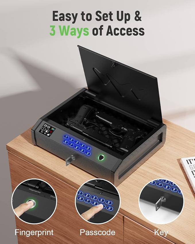 Gun Safe, Biometric Safes for Pistols with LCD Display of Time Battery, Fingerprint Quick Access Handgun Safe Pistol Bedside, Nightstand, Car, 2 Capacity - Image 3