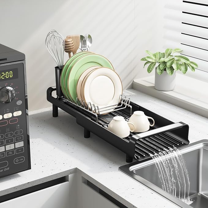 TOOLF Small Dish Drying Rack, Expandable and Space-Saving, Matte Black | Mini Dish racks for kitchen counter, Compact Design Fits Sink or Counter, Stainless Steel Plate Rack, 11"-19.3"L×7.7"W×3.54"H - Image 9