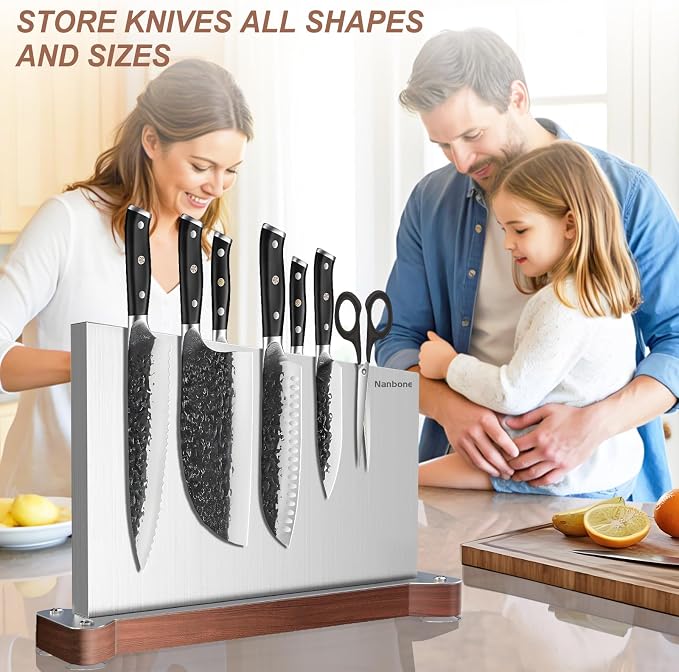 Magnetic Knife Block Without Knives Large Double Side Magnetic Knife Holder Stand with Strong Magnet, Stainless Steel Knife Storage Organizer for Kitchen Counter Knife Rack Three Magnet Strip - Image 7