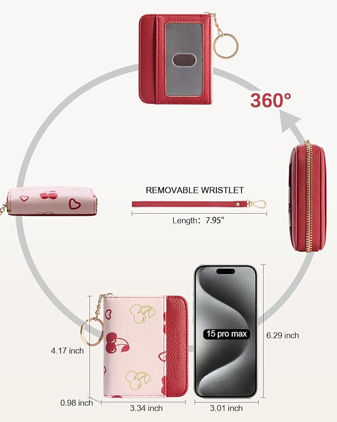 BOSTANTEN Credit Card Holder Small RFID Wallet Women with Keychain Wristlet | Compact, Accordion Design, Easy Organization, Fits Small Purses, Pebble Leather, Perfect Gifts, Cherry Print - Image 4