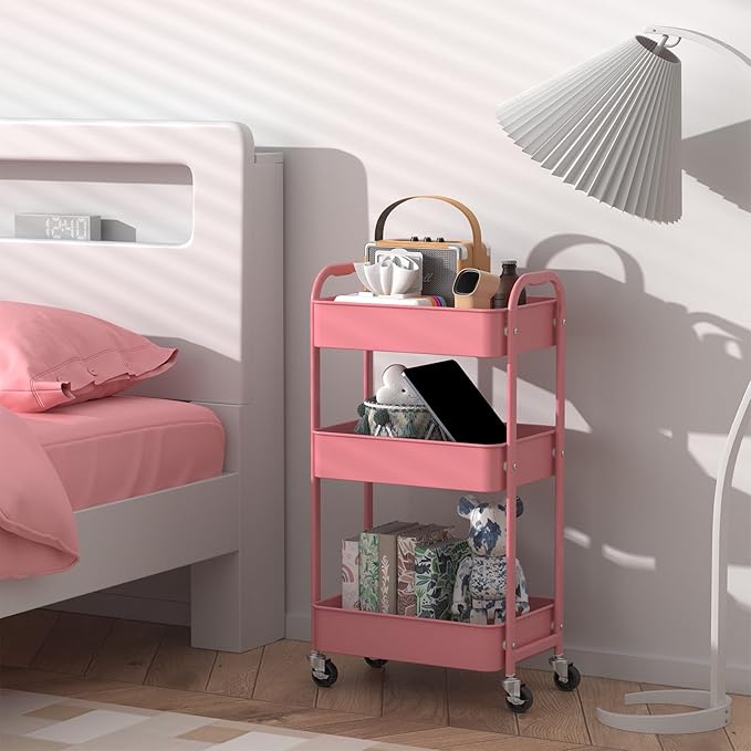 MAX Houser 3-Tier Rolling Utility Cart with Caster Wheels,Easy Assembly, for Kitchen, Bathroom (Pink) | Easy Assembly, multi-purpose storage trolley for kitchen, rolling cart with smooth caster wheels for bathroom - Image 3