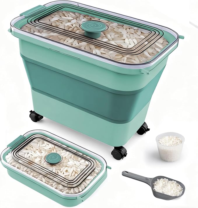 Rice Storage Container, Collapsible Airtight Food Storage Containers 20-30lbs with Clear Lid and Wheels, Rice Dispenser with Scoop for Flour Cereal Pasta Grain, Cat Pet Bird Dog Food Storage Container by Komzon