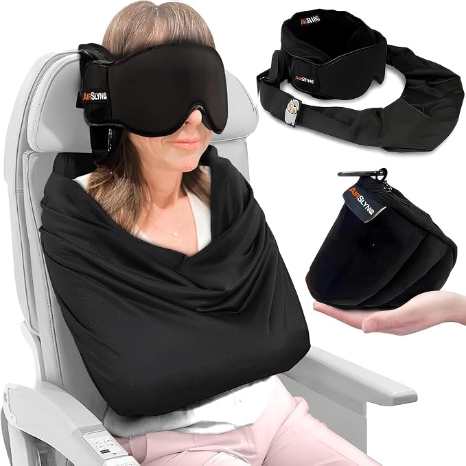 3-in-1 Airplane Sleep Support System - Integrated Plane Sleeping Accessories with Memory Foam Long Haul Flight Pillow, Adjustable Travel Eye Mask, and Blanket-Like Body Sling - Fits in Carry On by AirSlying
