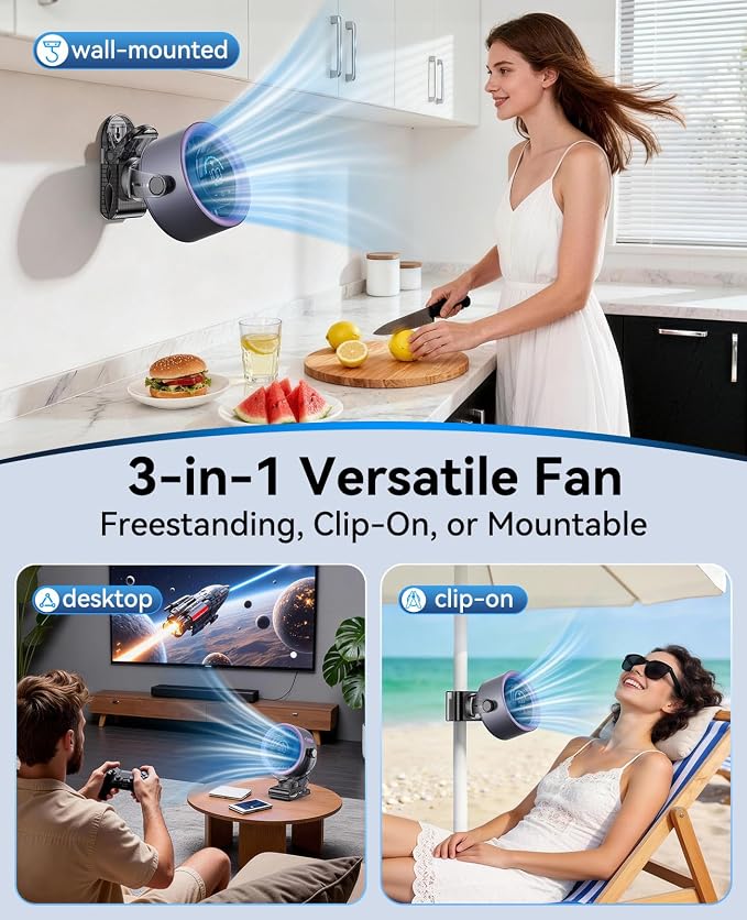 KIMMOO 4000mAh Rechargeable Portable Clip on Fan-100-Speed Touch Control, LED Display, 360° Rotate Quiet Turbo Desk Fan, Small Battery Operated USB Fan for Stroller Bed Travel Camping Golf Gym (Grey) - Image 5