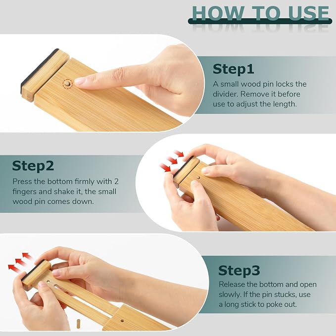 Kitchen Drawer Dividers 4 Pack Adjustable Bamboo Drawer Organizer | 17-22" Adjustable, Spring Loaded, Expandable Utensil Organizer, Works in Kitchen, Dresser, Bathroom, Bedroom, Closet - Image 5