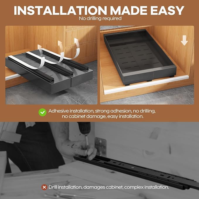 Seinloes 2 Pack Expandable Pull Out Cabinet Organizer 21" Deep with Raising Pad for Framed Cabinets,Upgrade 3 Slide Rails Slide Out Drawers,Roll Out Shelves Adhesive,Adjustable Width 9"-14.1" Black - Image 7