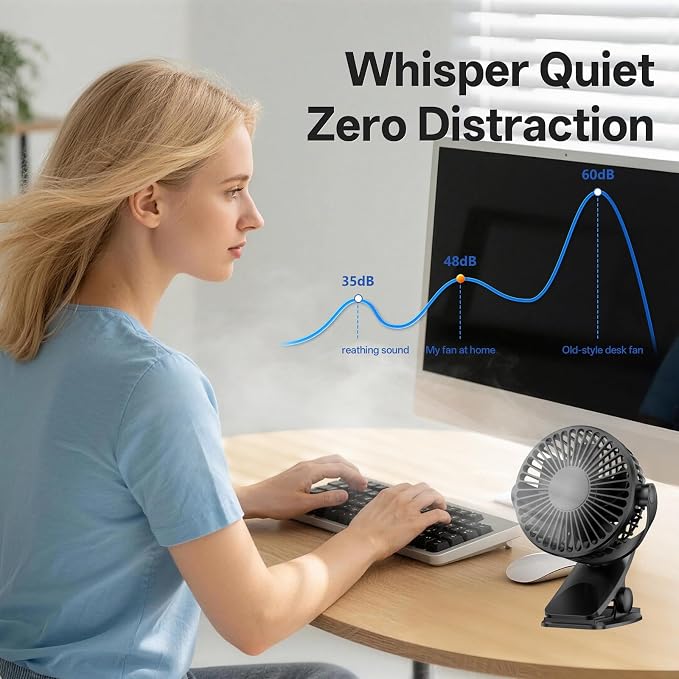 Portable Clip on Fan Rechargeable Mini for Desk Golf Camping Black | 4000mAh 20H Battery, Quiet Brushless Motor 4.5m/s, One-Click Shutdown, 3 Speeds, Detachable Cover, Type-C Charge, 360° Rotate - Image 8