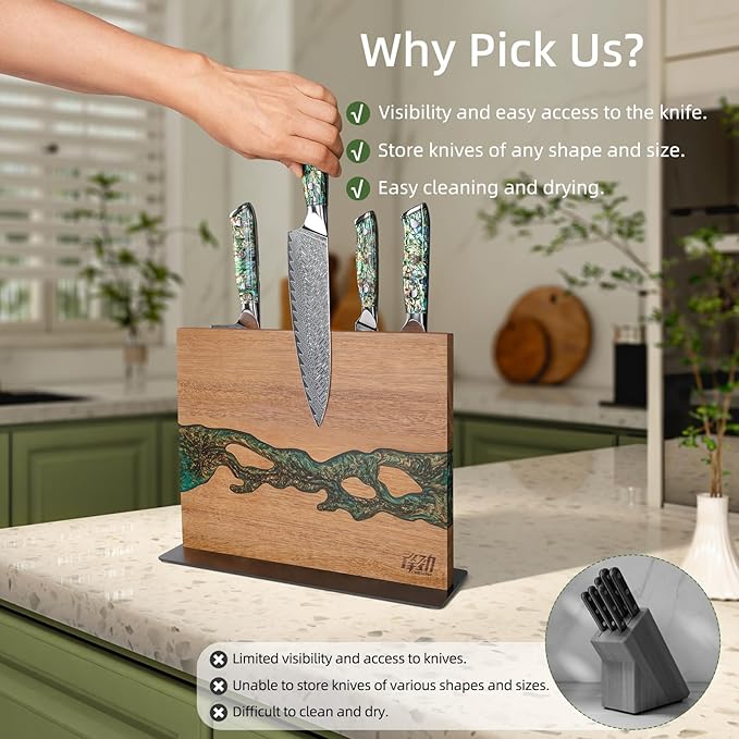 Magnetic Knife Block, Double-Sided Knife Holder with Strong Magnets, Acacia Wood and Golden Green Resin, Countertop Kitchen Knife Storage Stand (12 × 10 Inches, Without Knives) - Image 6
