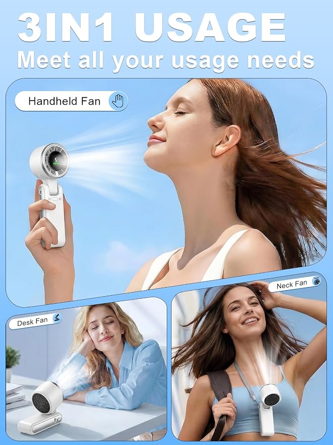 Portable Handheld Turbo Fan, 5 Gear Wind, Battery Operated, Up to 13 Working Hours Rechargeable Fan, 3 IN 1 Hand Fans with Air Turbo Tech Cooling Fan for for Travel, Beach, Outdoor - White - Image 4
