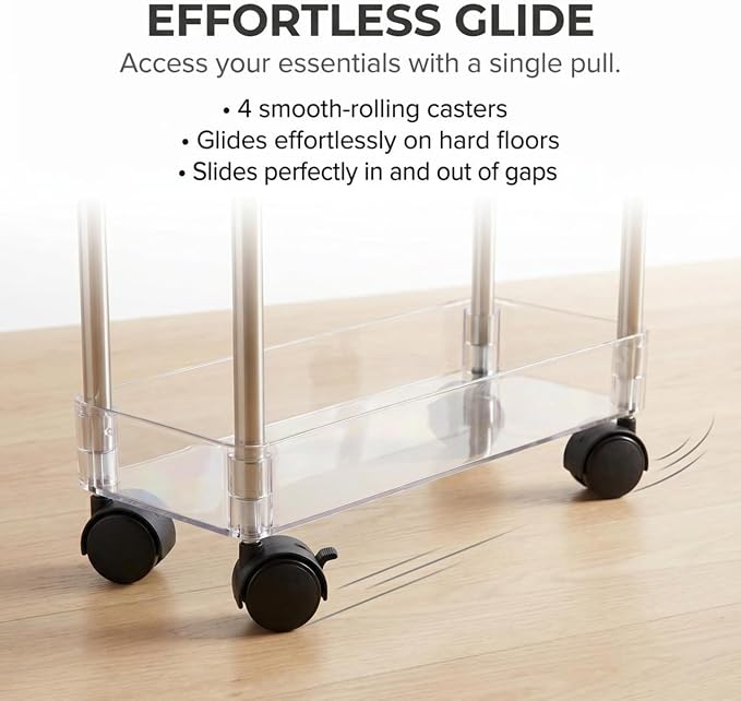 American Dream Home Chrome/Clear Acrylic Slim 3-Tier Rolling Cart Portable Narrow Storage Trolley with Wheels, Transparent Shelves for Bathroom, Kitchen, Office & Small Spaces - Image 7