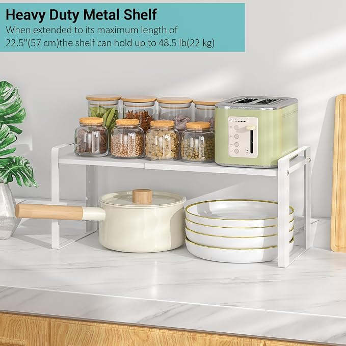 2 Pack Expandable Cabinet Organizer Shelves, 88lbs High Weight Capacity, Stackable Heavy-Duty Metal Storage Rack, Adjustable Cabinet Shelf for Kitchen, Pantry, Cupboard, Under Sink, White - Image 8