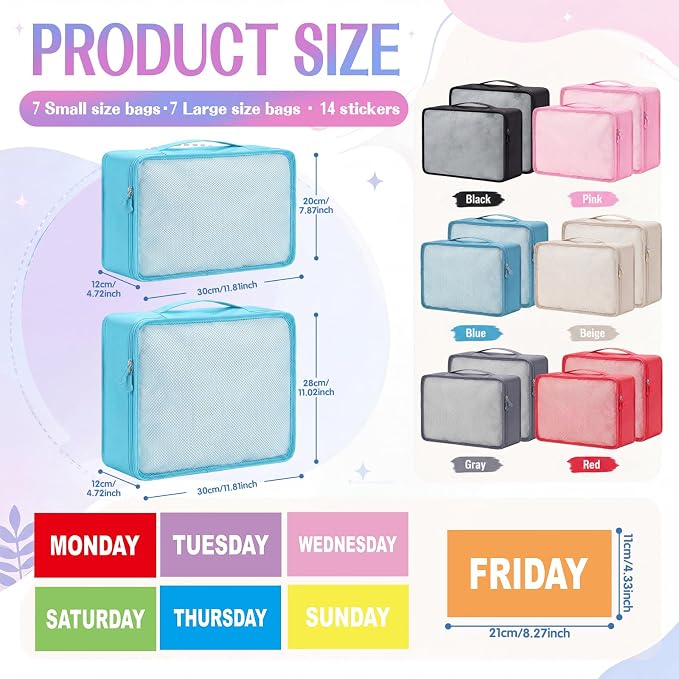 Woanger 14 Pcs Packing Cubes for Travel Days of Week Packing Cubes with Labels Zippered Camping Bag for Summer Camp Essentials - Image 2