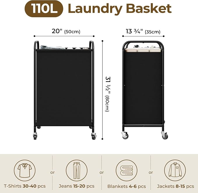 GRANNY SAYS Laundry Hamper, Large Cart with Wheels and Handles, Black, 110L | Heavy Duty Metal Frame, Silent Rolling Basket for Clothes in Bedroom, Bathroom, Dorm - Image 2