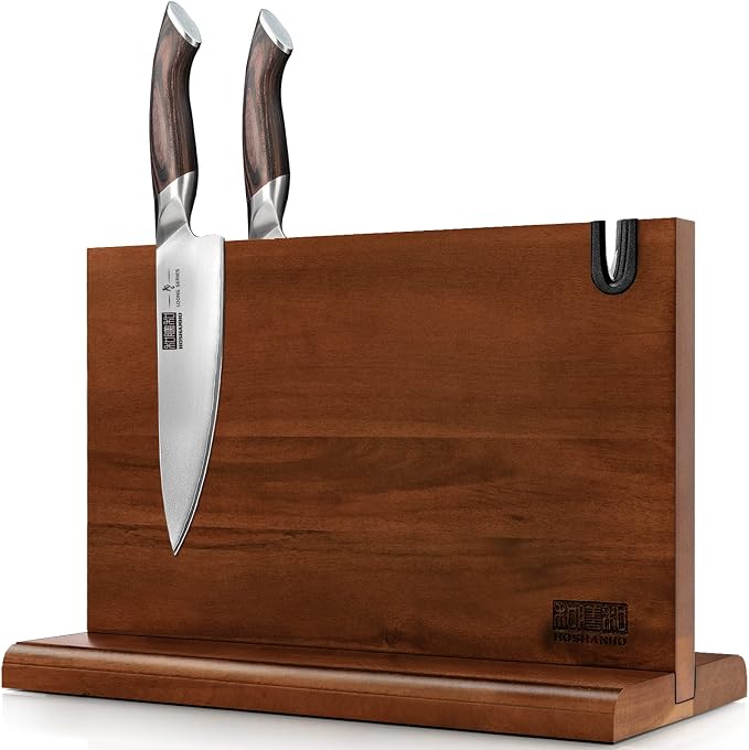 HOSHANHO Magnetic Knife Block 14 x 10", Double Sided Magnetic Knife Holder | Magnetic Knife Storage Stand for Kitchen Counter, Acacia Wood Knife Stand Rack with Knife Sharpener, Kitchen Organizer, Gifts by HOSHANHO