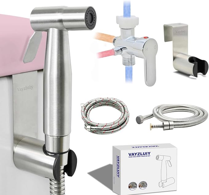 Vayzluiy Handheld Toilet Bidet Sprayer for Toilet-Adjustable Water Pressure Control with Bidet Hose for Feminine Wash, Stainless Steel Brushed Nickel Cloth Diaper for Baby Wash (Warm and Cold) by Vayzluiy