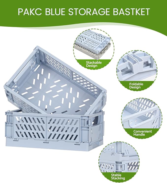 HUUSMOT 2-Pack Collapsible Plastic Storage Baskets, Blue, 9.8"x6.5"x3.8" | Pastel, Space-Saving, Collapsible Plastic Bins, Cute Mini Storage Crates, for Classroom, Kitchen, Office, Bedroom - Image 2