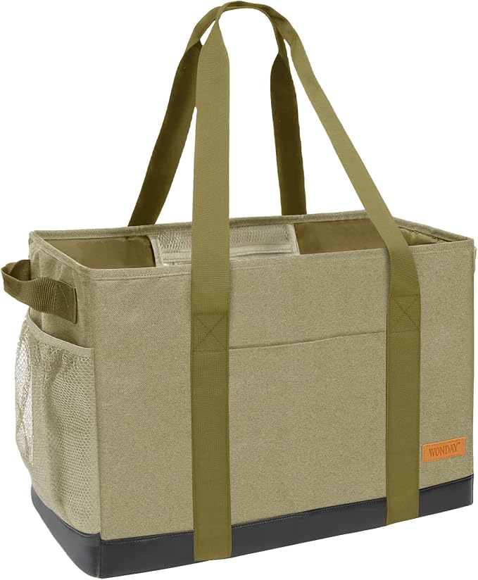 WONDAY X-Large Utility Tote Bag, Standing Reusable Grocery Bag | 22x11x13.5in, 50L capacity, holds 100lbs, collapsible, fabric with leather bottom, for beach travel storage by WONDAY