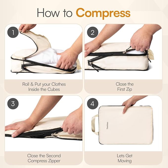 6 Set Compression Packing Cubes for Travel. | Durable Clothes Organizer for Suitcases. Expandable and Lightweight Packing Cubes Compression with Laundry bag, Beige - Image 2