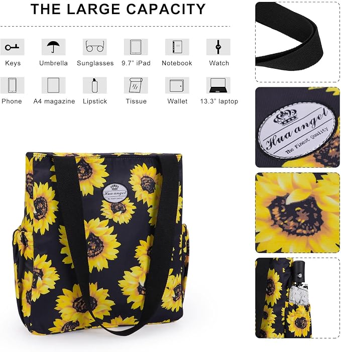 HUA ANGEL Floral Tote Bag - Casual Shoulder Bag Daily Tote Bag with Zipper Gym Travel Shopping Work Handbag for Women - Image 4