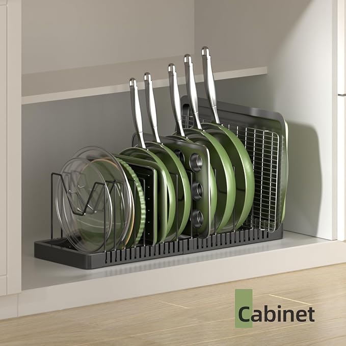 Pots and Pans Organizer under Cabinet, Expandable Pot Lid Organizer Holder with 14 Adjustable Compartment, Pan Organizers inside Cabinet for Lids, Bakeware, Kitchen Storage Pot Rack, Black - Image 5