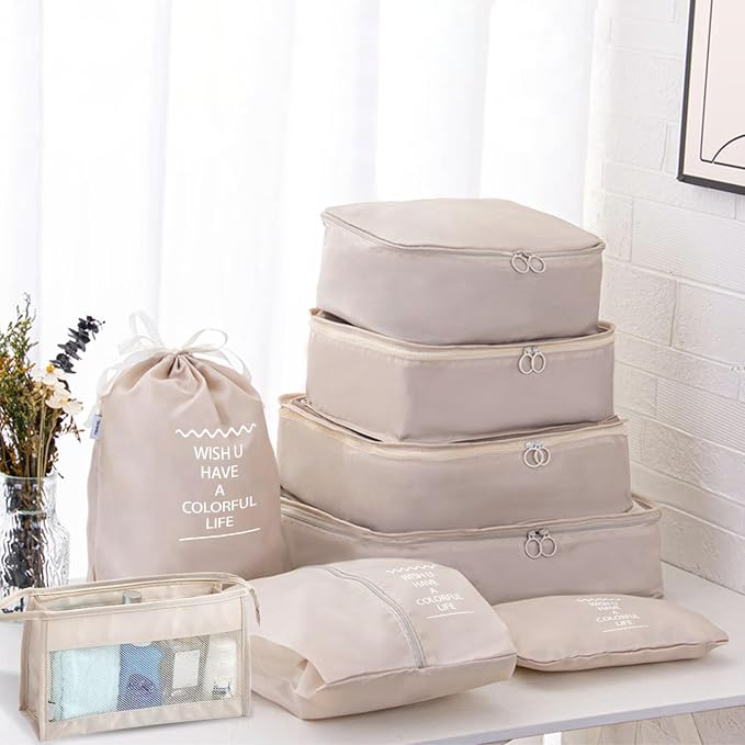 8 Set Packing Cubes for Suitcases, INVODA Travel Luggage Packing Organizers with Laundry Bag, Compression Storage Shoe Bag, Clothing Underwear Bag (Beige) - Image 8