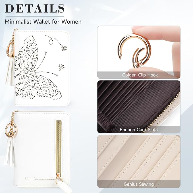 KITEVIUN Women RFID Blocking Small Bifold Wallet, Compact Cash Clutch with Zipper Coin Pocket, Glittery Butterfly Design, Credit Card Holder, Travel Purse with Tassel WHITE - Image 5