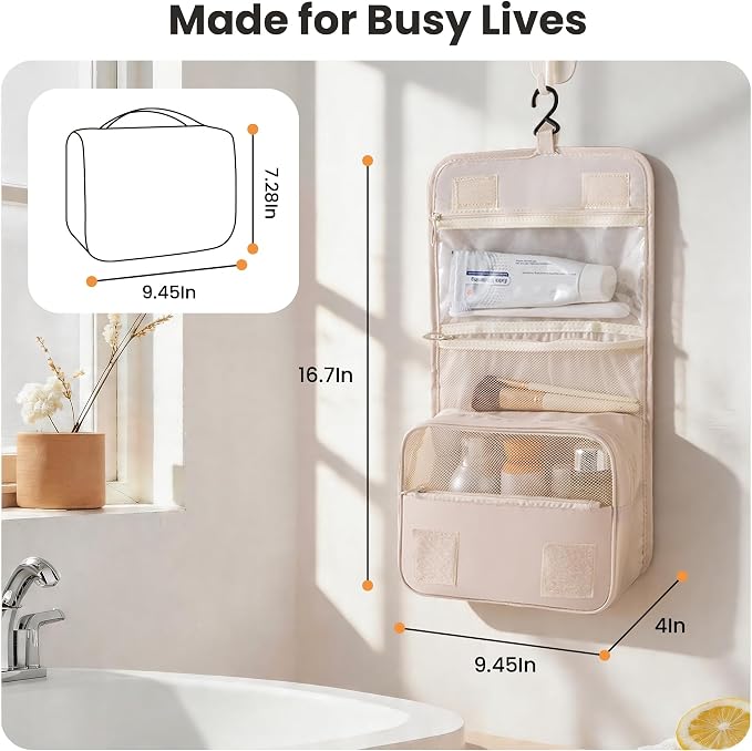 Portable Hanging Toiletry Bag for Travel,Small Multifunctional Makeup Cosmetic Bag for Women,Waterproof Travel Toiletries Organizer,Shower Bathroom Pouch with Hook for Gym,Camping - White Cactus - Image 2
