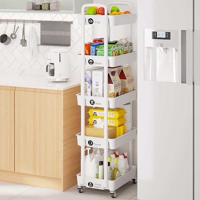 Laiensia 5-Tier Rolling Cart with Wheels,Multifunction Utility Storage Carts, Kitchen Storage Organizer,Mobile Shelving Unit for Bathroom,Laundry,with Classified Stickers,White - Image 4