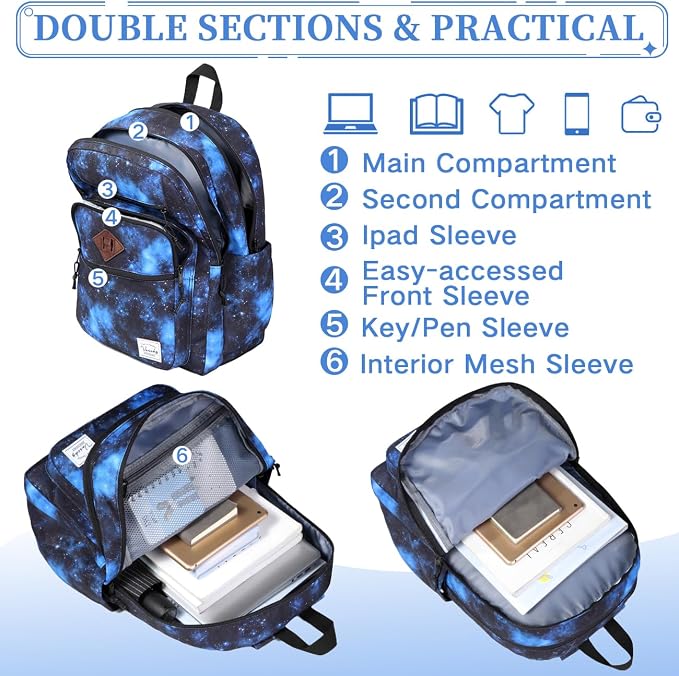 VASCHY Travel Backpack for Teen Boys, Bookbag Schoolbag Casual Daypack for High School/College/Women/Travel/Work Blue Galaxy - Image 4