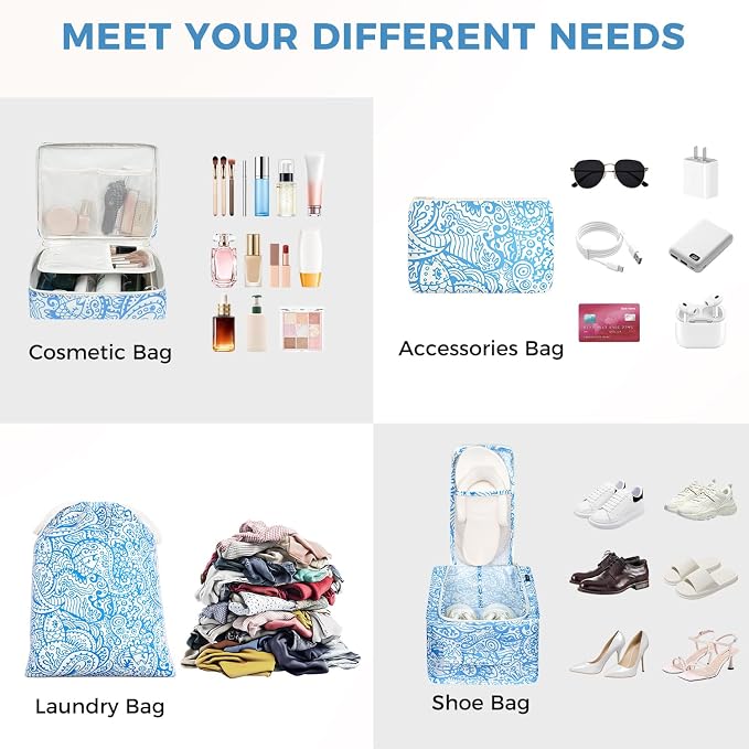 BAGAIL 8 Set Packing Cubes Luggage Packing Organizers for Travel Accessories-Blue paisley - Image 4