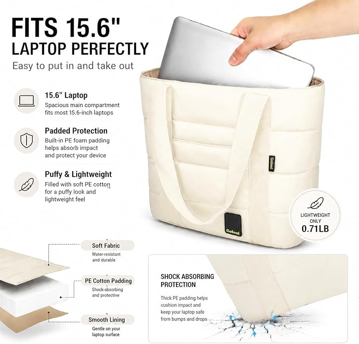 Tote Bag for Women, Lightweight Puffy Tote Bag with Compartments Handbag Fits 15.6'' Laptop for Work, Gym, Shopping - Image 4