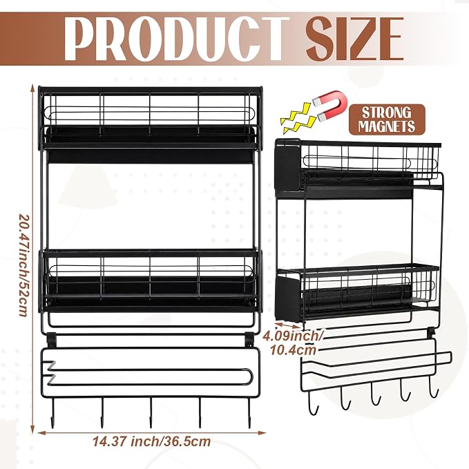 Vercraft 3 Tier Magnetic Dorm Fridge Organizer Heavy Duty 66lbs over Dorm Fridge Shelf Essentials Paper Towel Holder with Sliding Basket Hook Side of Fridges Storage Rack Space Saving Kitchen(Black) - Image 2
