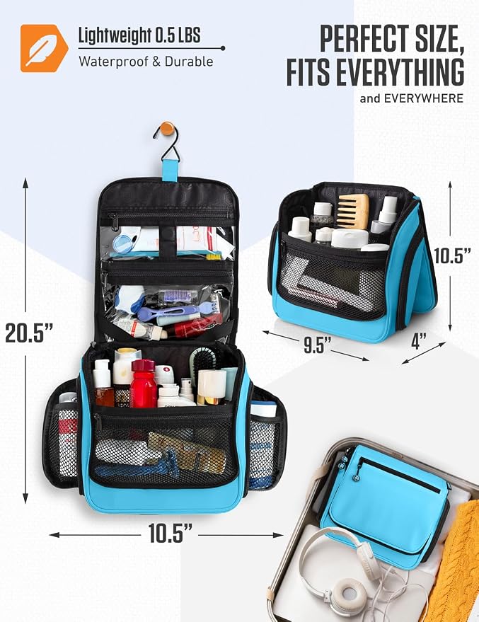 VENTURE 4TH Hanging Travel Toiletry Bag, 18 Compartments - Light Blue | Hangs on rails, hooks or doors; stands upright. Removable TSA pouch. Water-resistant Nylon 290D Twill, reinforced stitching. - Image 2