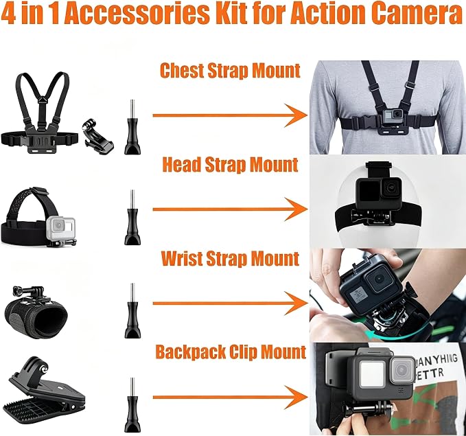 4 in 1 Universal Accessories Kit for Action Camera, Chest Strap Harness, Head Strap Mount, 360° Rotating Wrist Strap Mount and Backpack Clip Holder, Adjustable Action Camera Accessories Kit - Image 2