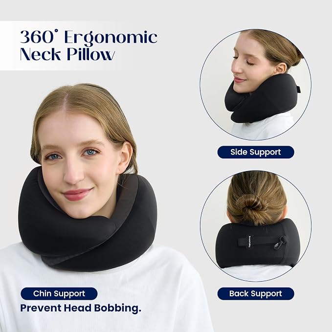Dream Valley® Neck Travel Pillow, Memory Foam Travel Pillow for Airplane, Portable Roll-Up Neck Pillow with Cooling Inner Fabric, 360° Ergonomic Support, No Head Bobbing, Black - Image 4