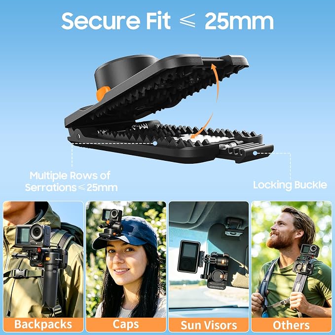 Camera Clip for Backpack Strap Mount,Adjustable Backpack Camera Mount with Multi-Function Adapter,Hands-Free POV Mount for GoPro,DJI Osmo,Insta360(Carbon Black)(No Selfie Sticks & Cameras) - Image 6