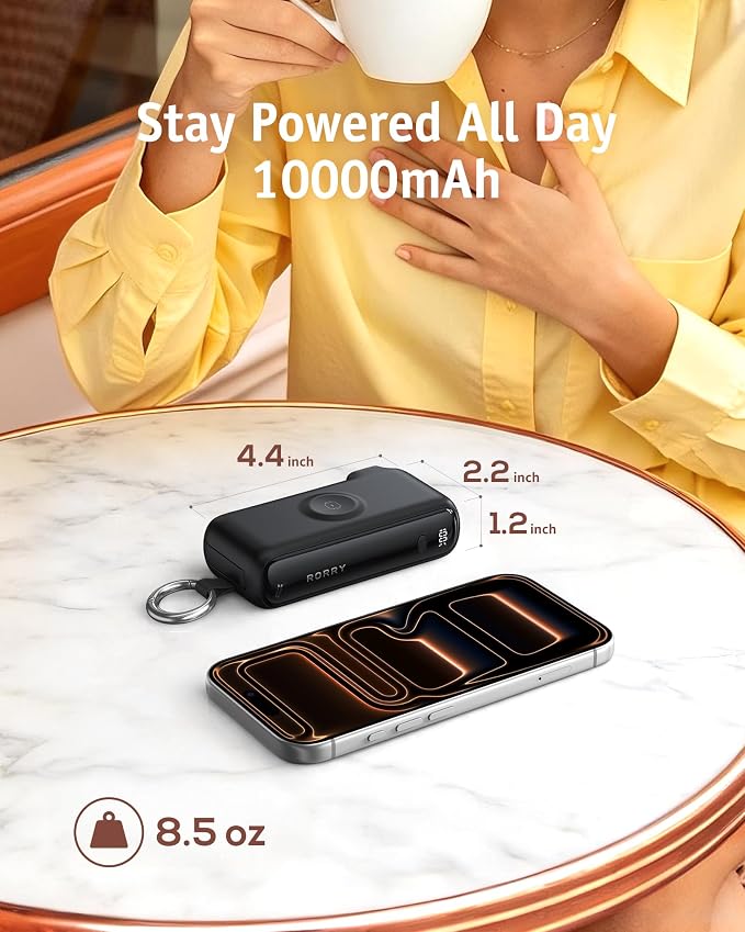RORRY Flow Portable Charger 10000mAh 40W Wall Plug Power Bank Battery Pack | Built-in USB-C Cable, Keychain Design, Fast Charging, for iPhone 17/16/15, Apple Watch, iPad, 3-in-1, Travel Essential - Image 7