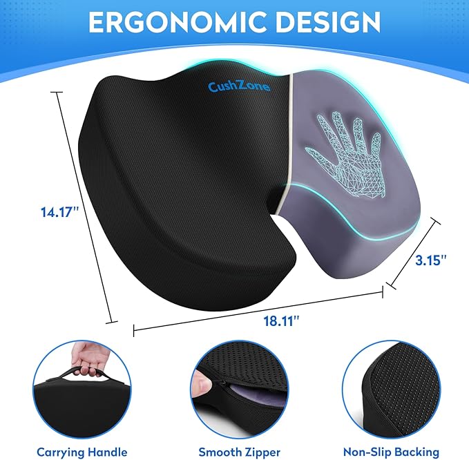 CushZone Seat Cushion Memory Foam Chair Pad for Office & Car, Black | Office Seat Cushion, Sciatica, Tailbone Back Pain Relief, Orthopedic Coccyx Pillow for Car, Pregnancy & Long Sitting at Work - Image 4